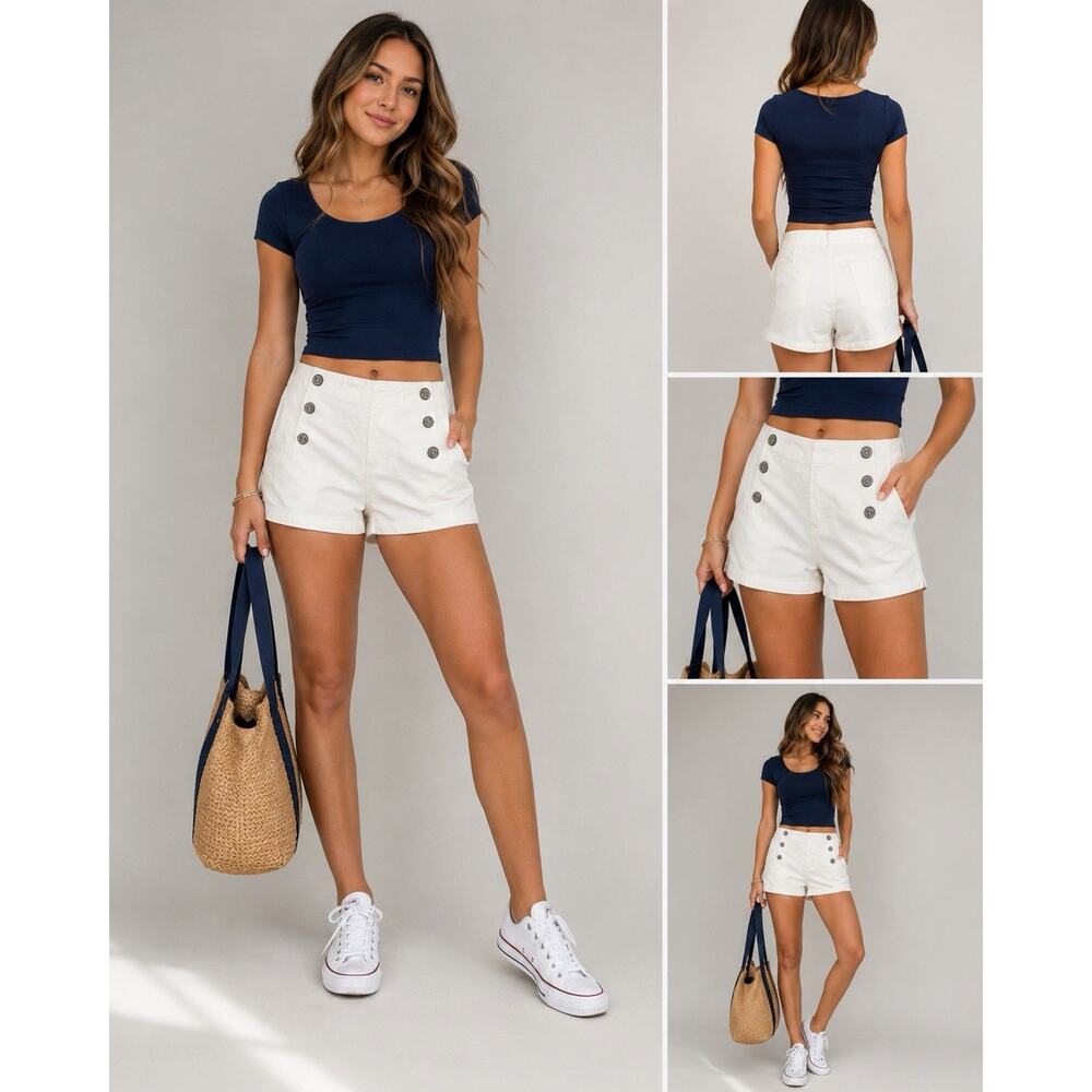 Y2K sailor Buttons style shorts Retro Pinup Rockabilly‎ Sz 5 Ivory NWT 28x2